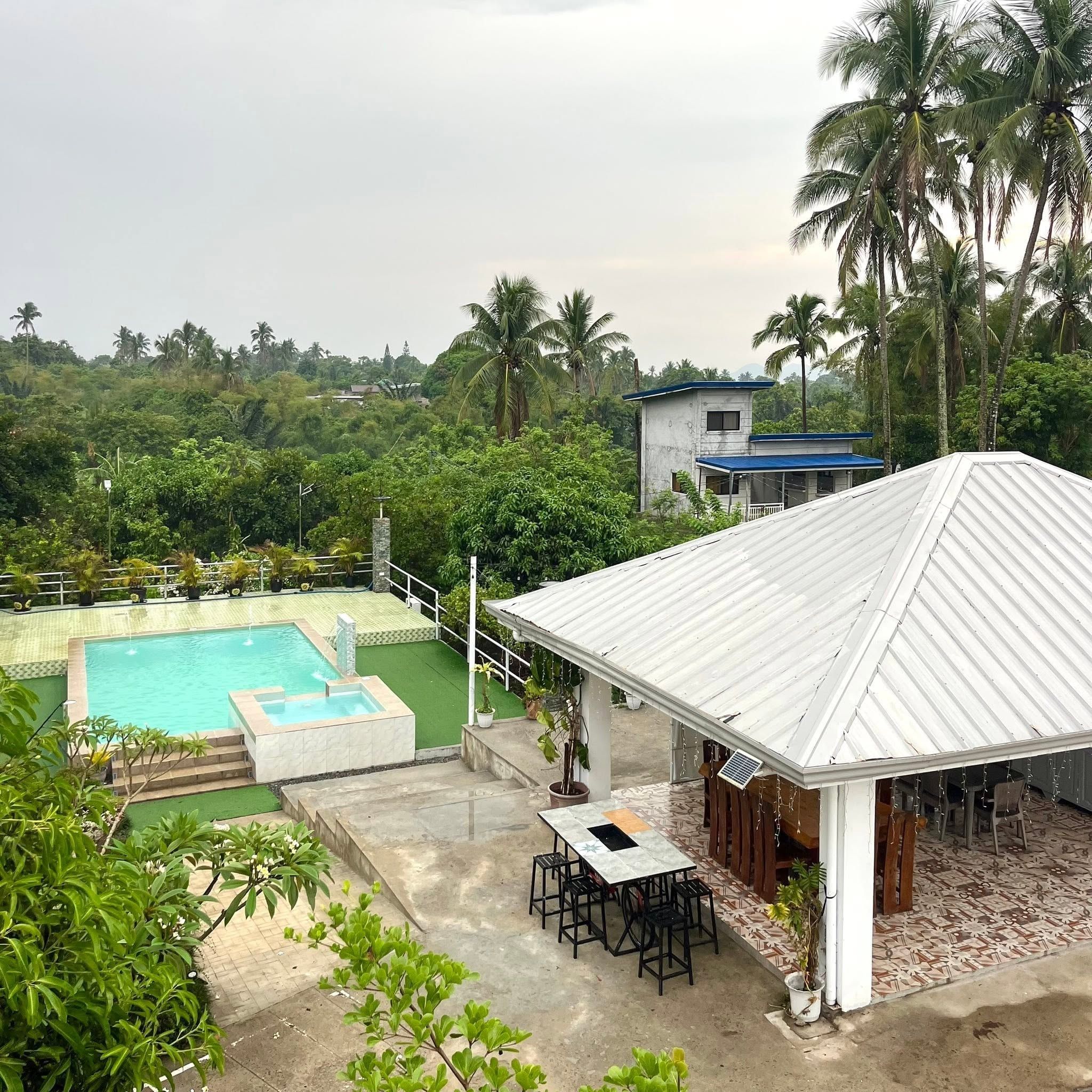 View from above of the pool, kiddie pool and the open-sided pavilion, with coconut palms and trees beyond