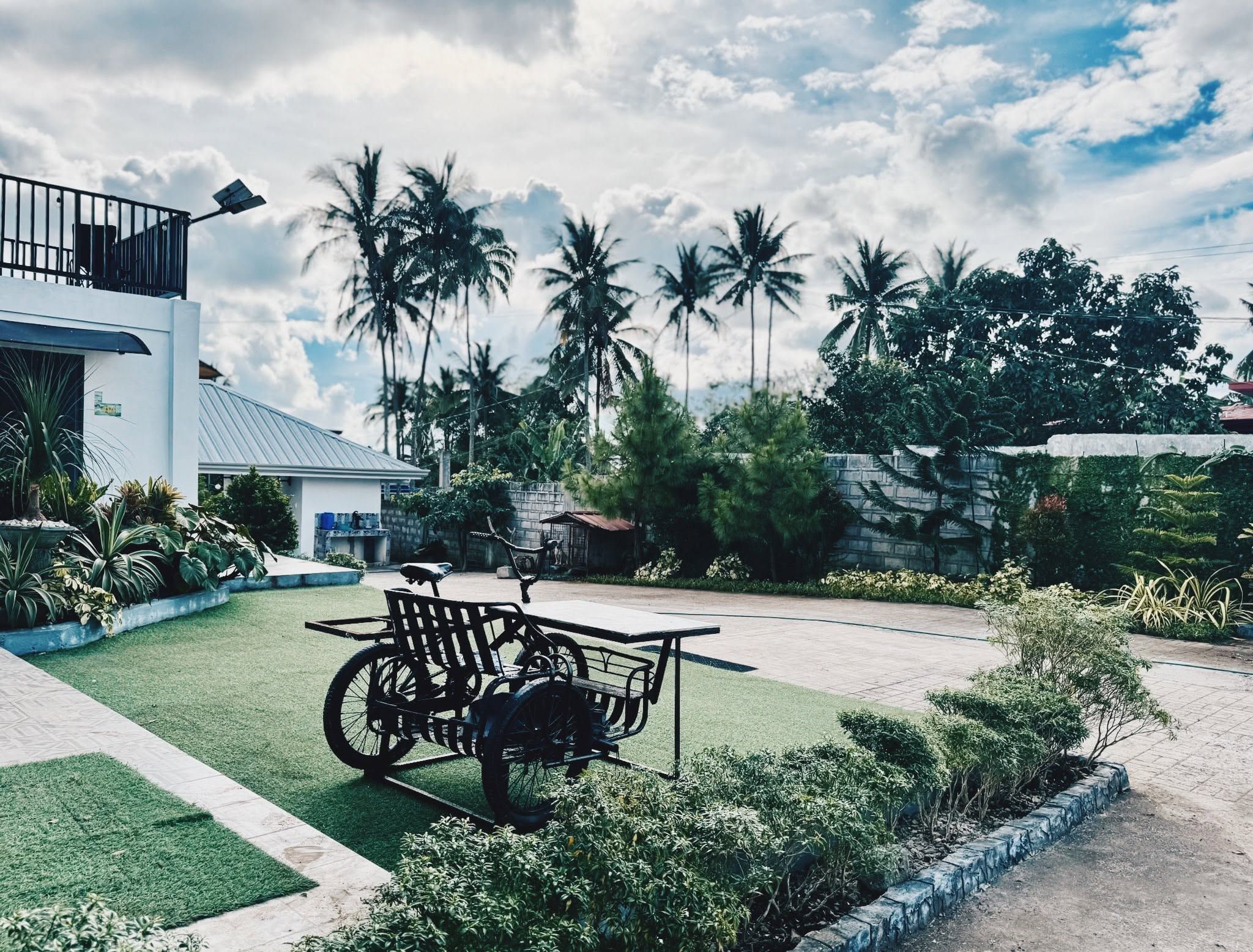 Turf lawn and paved driveway with a cart-style table, garden beds and a row of coconut palms under a cloudy sky